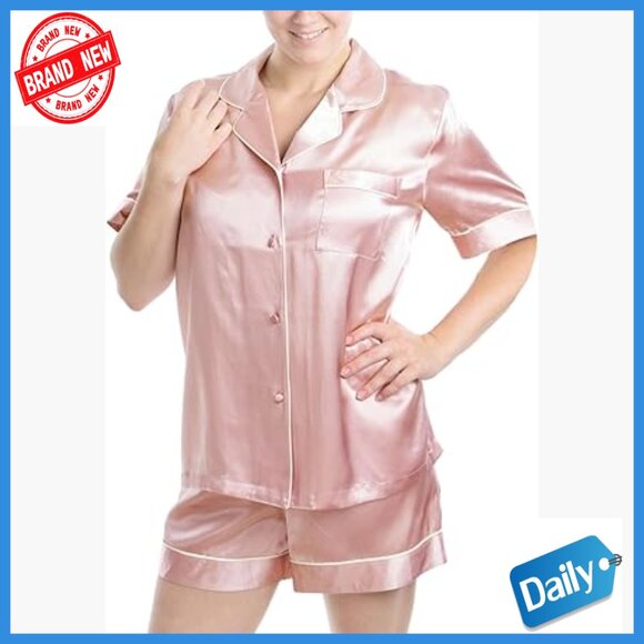 100% Mulberry Silk Pajama Set Short Sleeve Top Boxer Shorts M